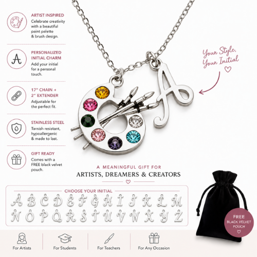 Personalized Colorful Artist Paint Palette Necklace with Custom Initial