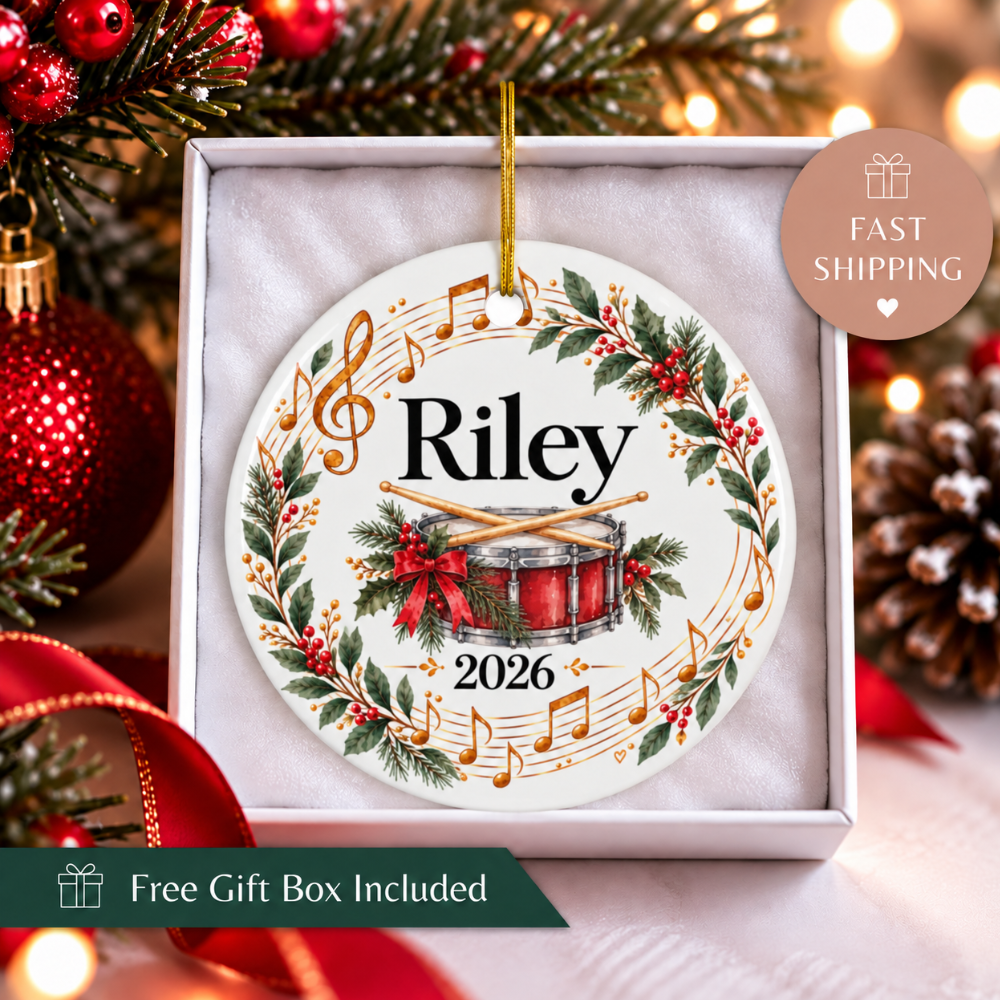 Personalized Drum Ornament 2026, Drummer Christmas Ornament, Custom Name Drum Set Gift, Percussionist Band Student Musician Ornament