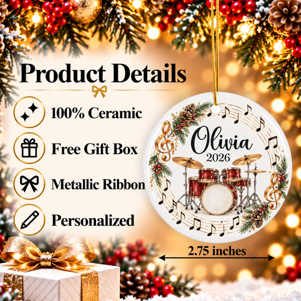 Personalized Drum Ornament 2026, Drummer Christmas Ornament, Custom Name Drum Set Gift, Percussionist Band Student Musician Ornament