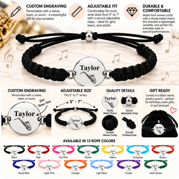 Personalized Saxophone Rope Bracelet - Pick Color