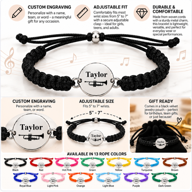 Personalized Trumpet Rope Bracelet - Pick Color