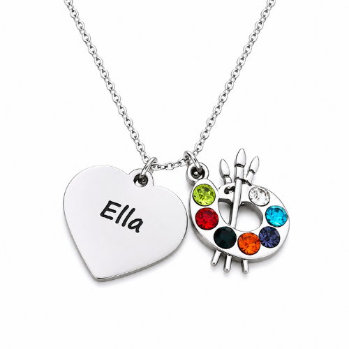Personalized Artist Engraved Name Paint Palette CZ Necklace