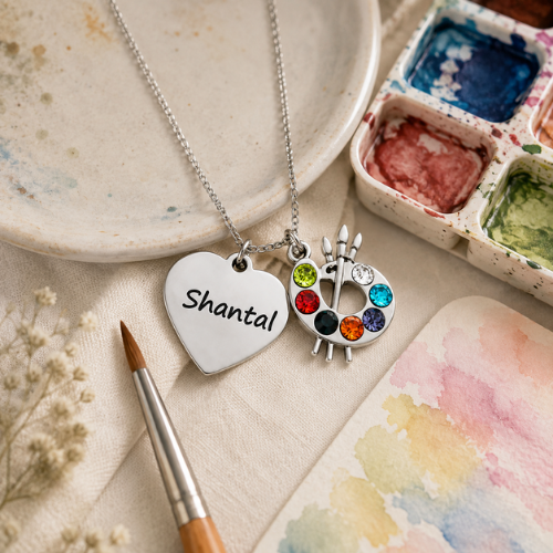 Personalized Artist Engraved Name Paint Palette CZ Necklace