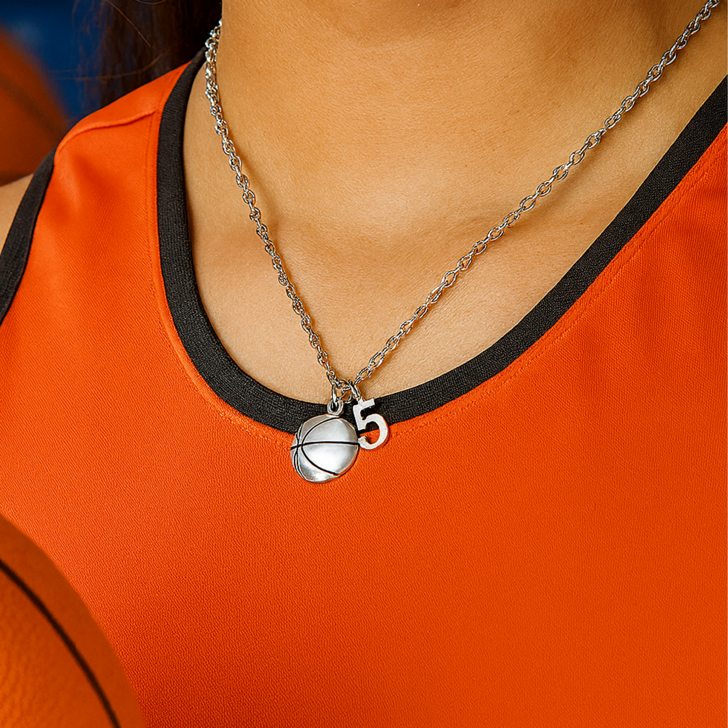 Basketball charm necklace with number 5 pendant displayed on orange sports background