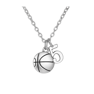 Silver basketball necklace with personalized jersey number charm on stainless steel chain