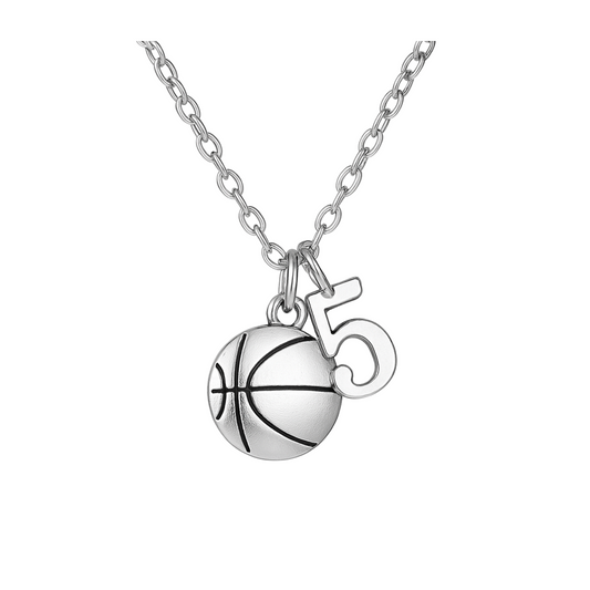 Silver basketball necklace with personalized jersey number charm on stainless steel chain