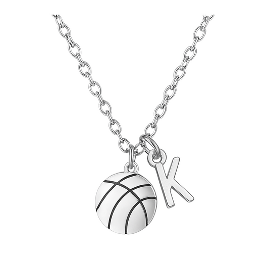 Silver basketball charm necklace with personalized initial letter on chain