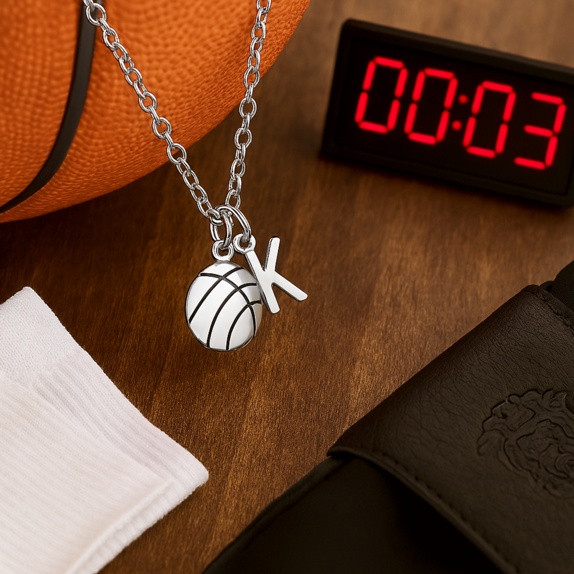 Basketball and letter charm necklace worn close to the neck, styled for sporty look