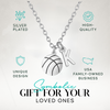 Gift-ready basketball necklace with initial charm shown in packaging for loved ones