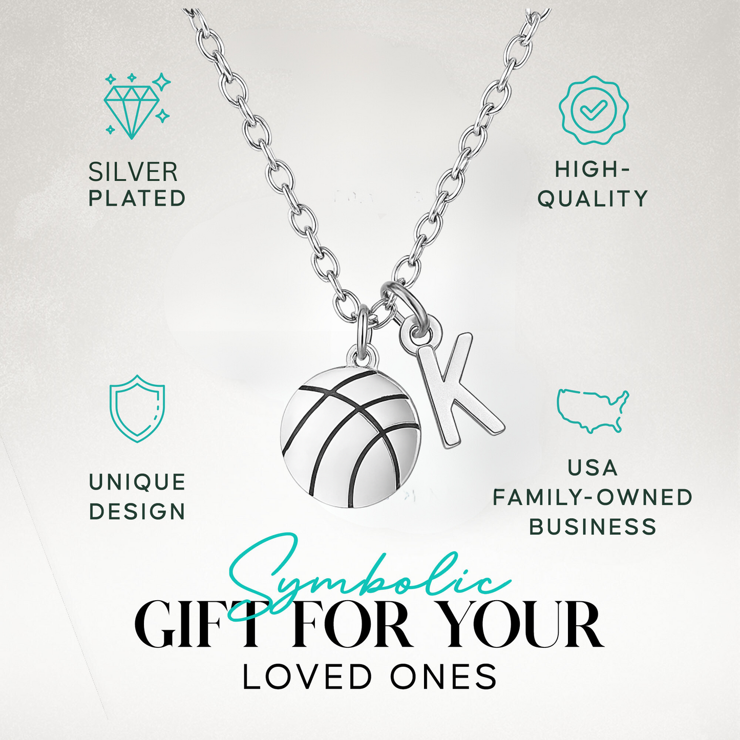 Gift-ready basketball necklace with initial charm shown in packaging for loved ones