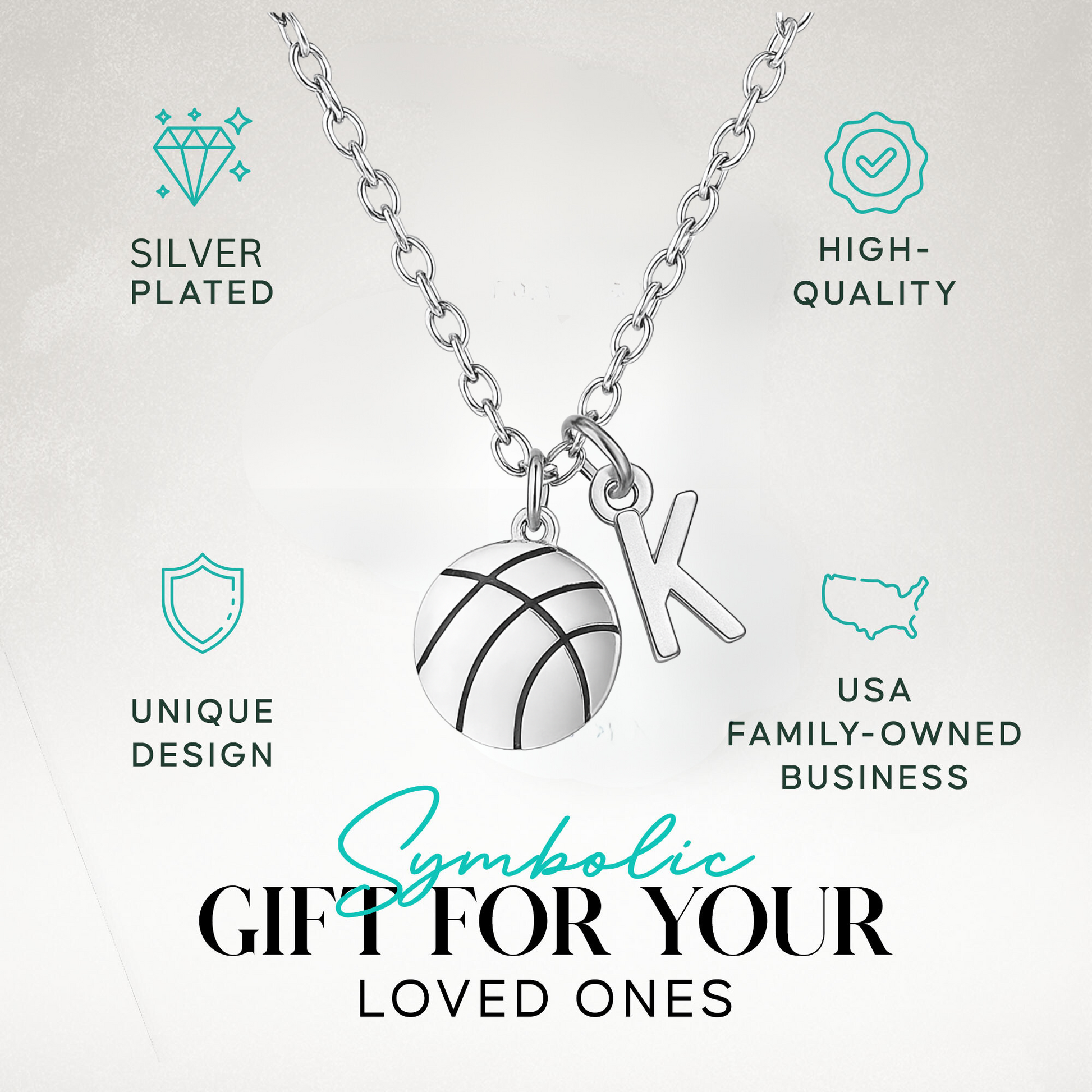 Gift-ready basketball necklace with initial charm shown in packaging for loved ones