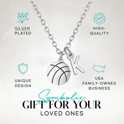 Gift-ready basketball necklace with initial charm shown in packaging for loved ones