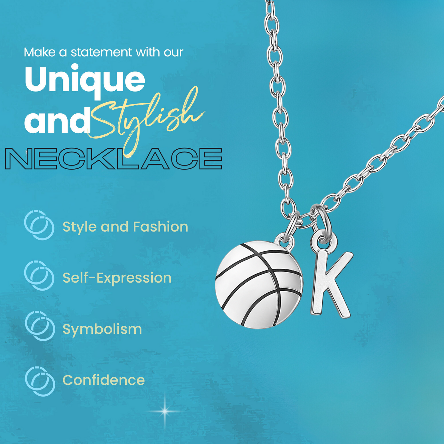Feature card with icons highlighting the stylish and hypoallergenic necklace design