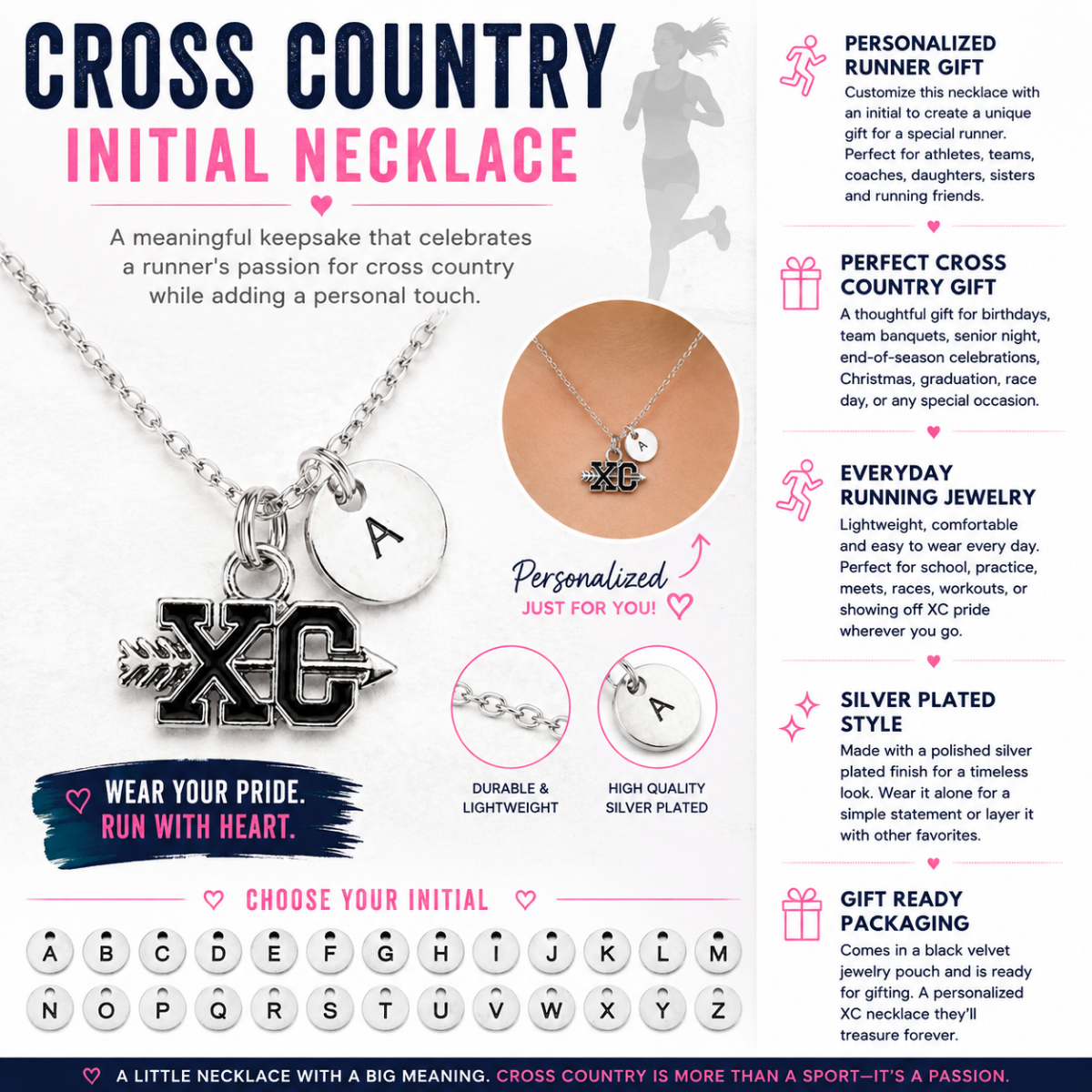 Personalized Cross Country -XC Necklace with Initial Charm