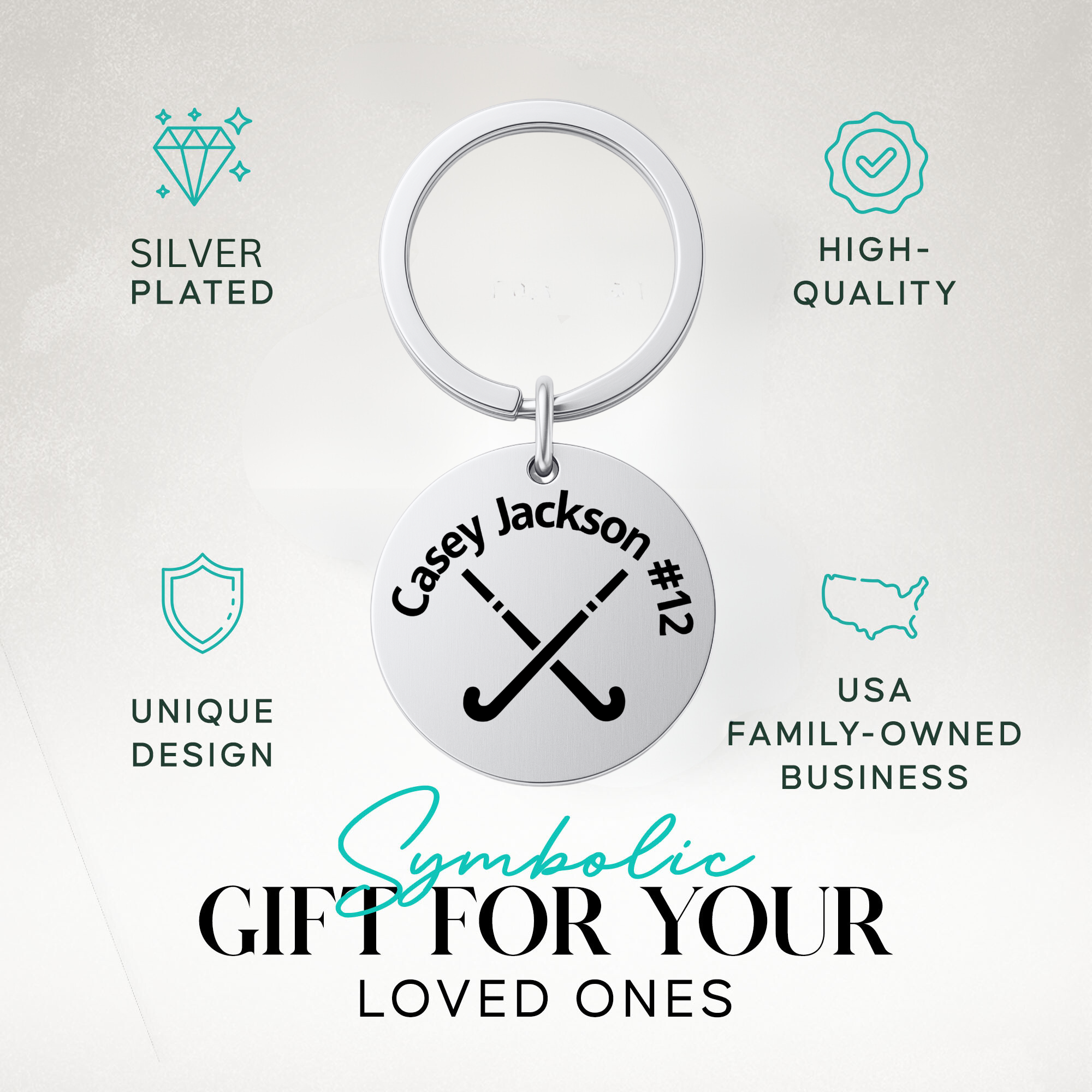 Engraved stainless steel field hockey keychain in Sportybella gift-ready packaging