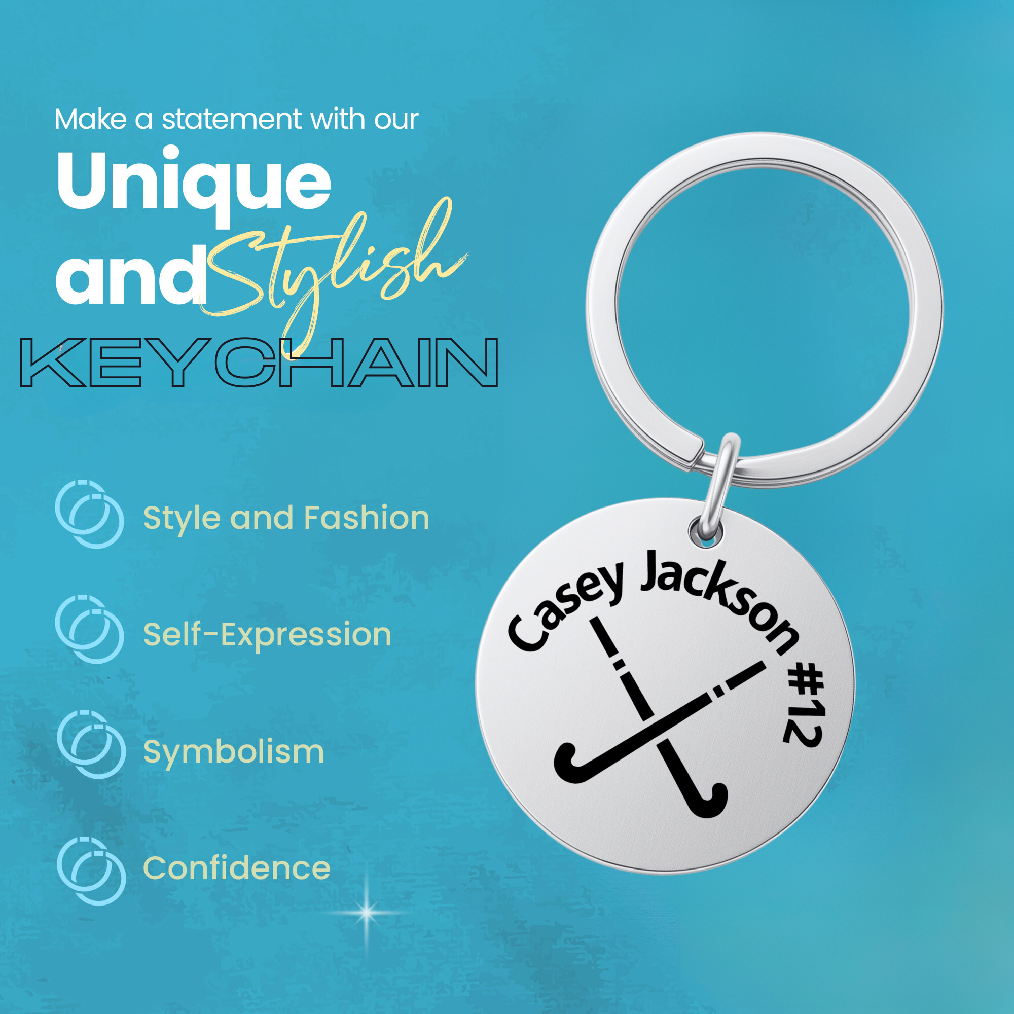 Personalized field hockey keychain shown on turquoise background with product care icons