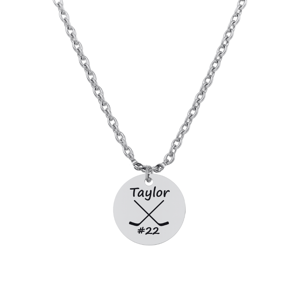 Personalized Engraved Ice Hockey Stick Necklace - Round Shape