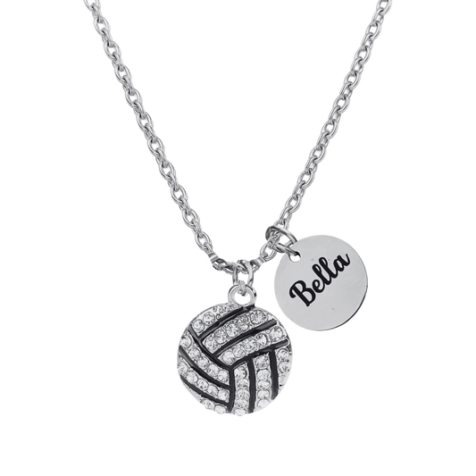 Personalized Engraved Rhinestone Volleyball Necklace
