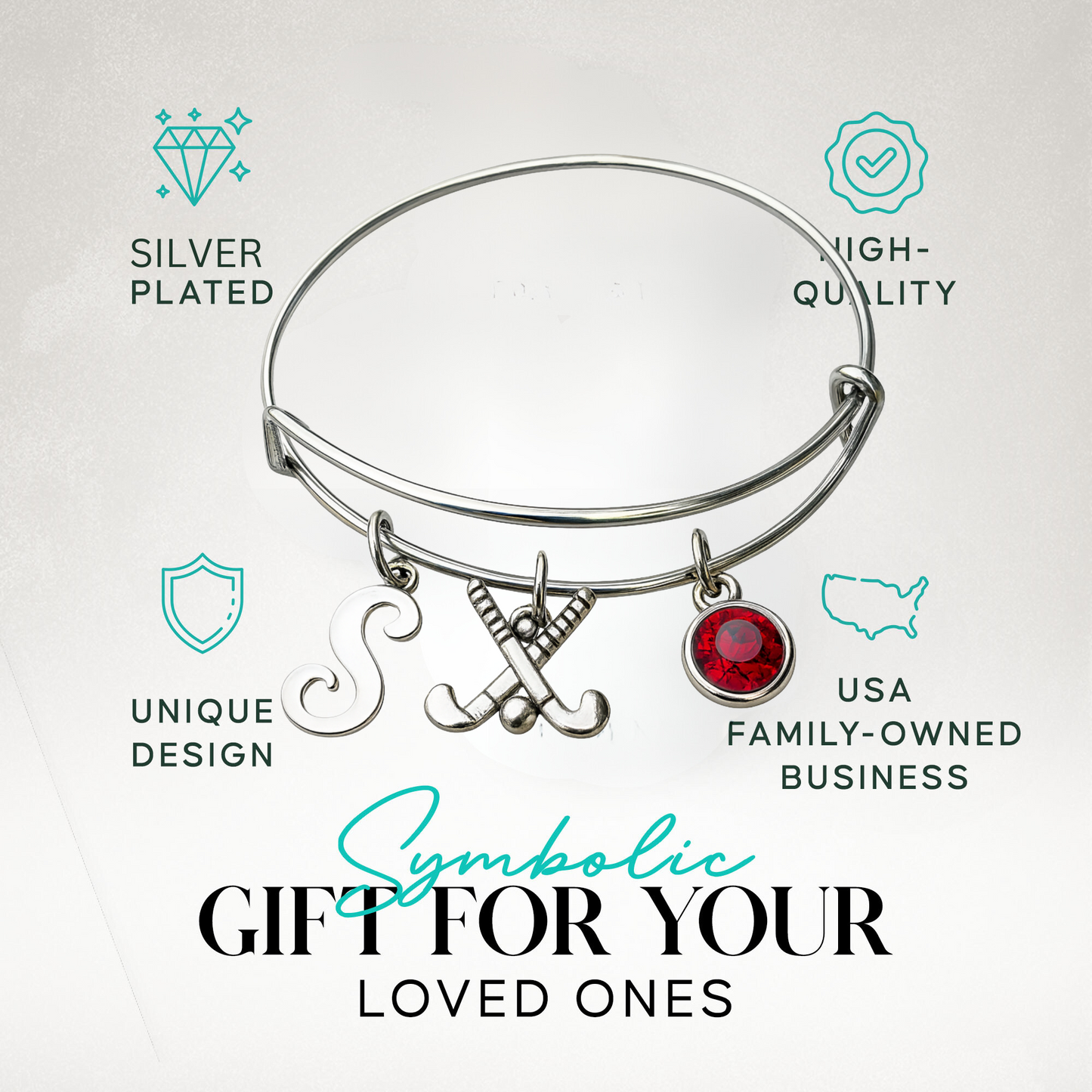Field hockey bangle bracelet with letter and birthstone charms shown with text highlighting perfect gift idea