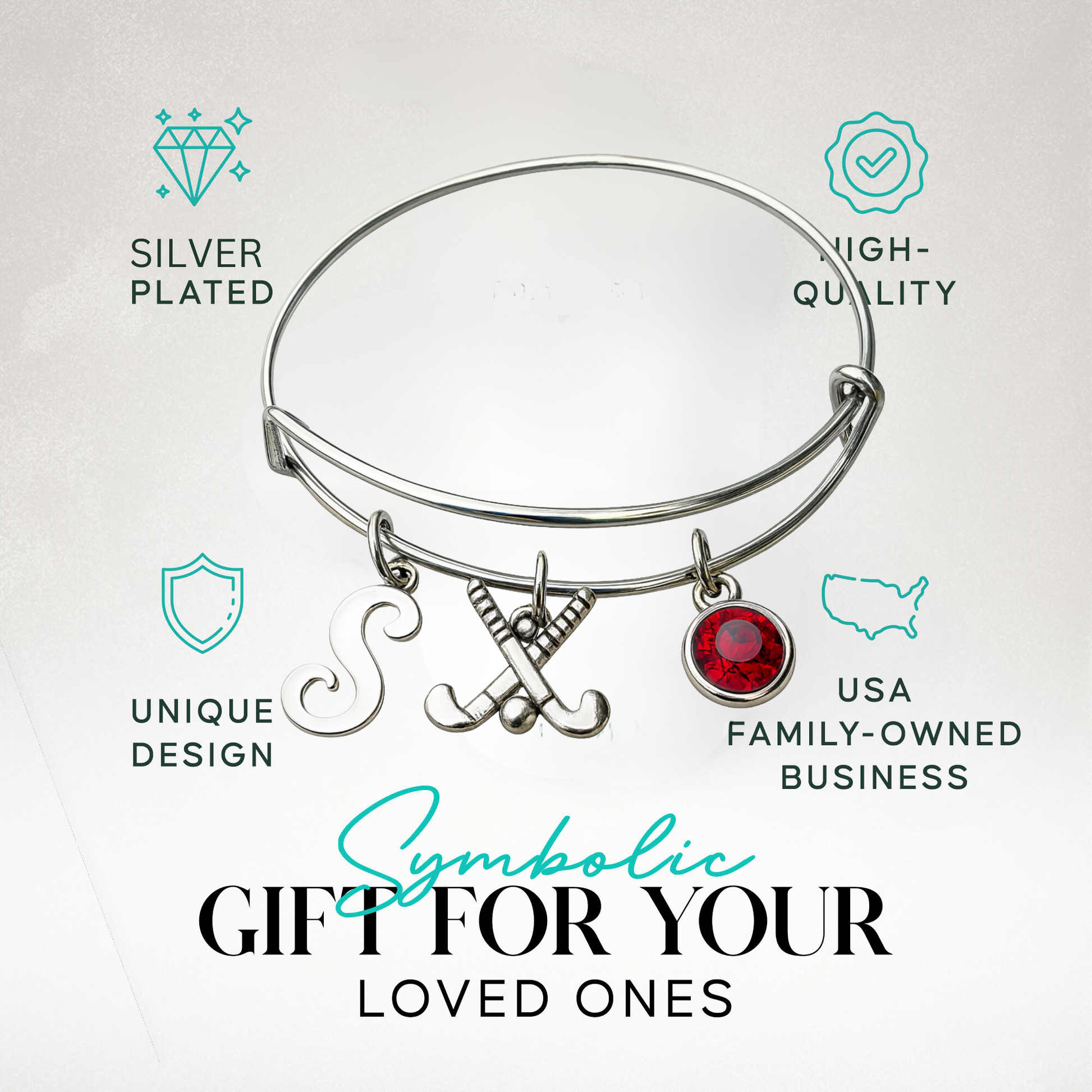 Field hockey bangle bracelet with letter and birthstone charms shown with text highlighting perfect gift idea