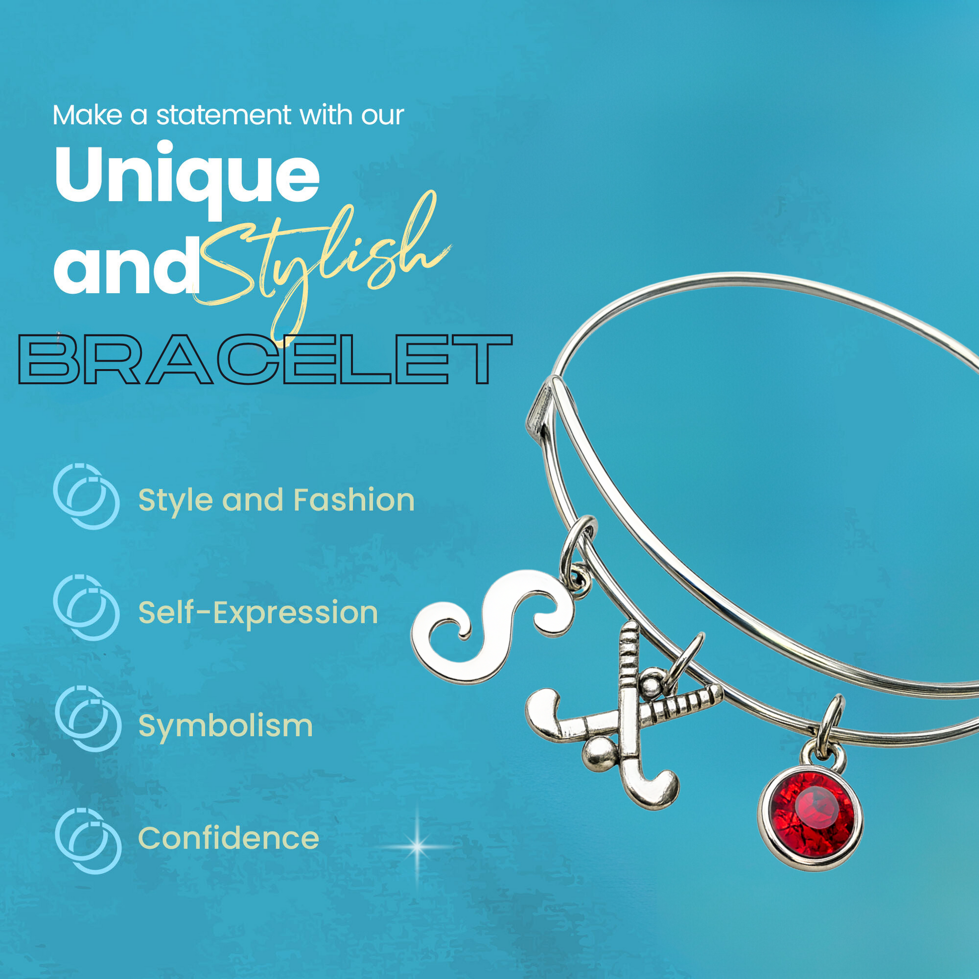 Field hockey charm bracelet with icons for stylish, adjustable, and customizable sports jewelry
