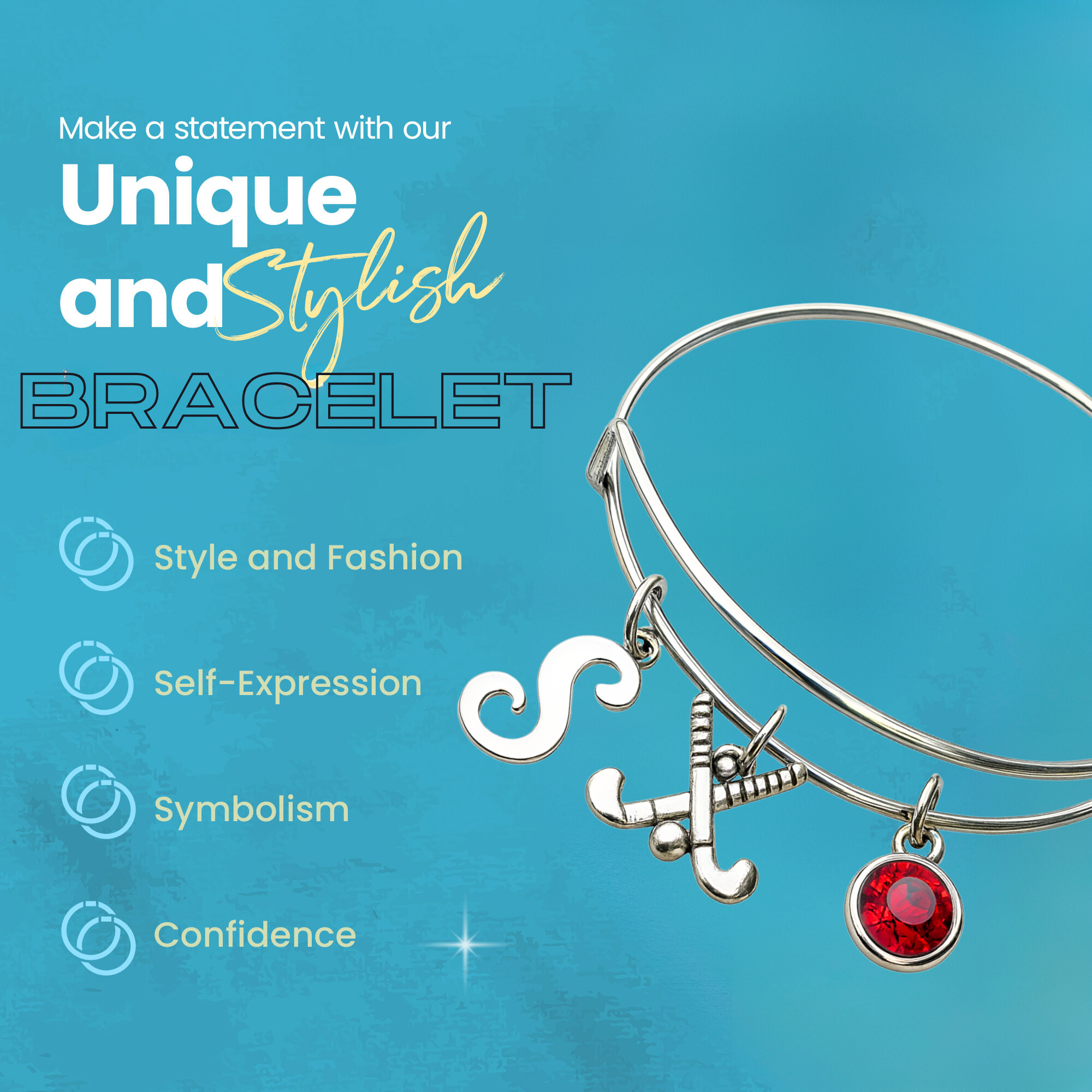 Field hockey charm bracelet with icons for stylish, adjustable, and customizable sports jewelry