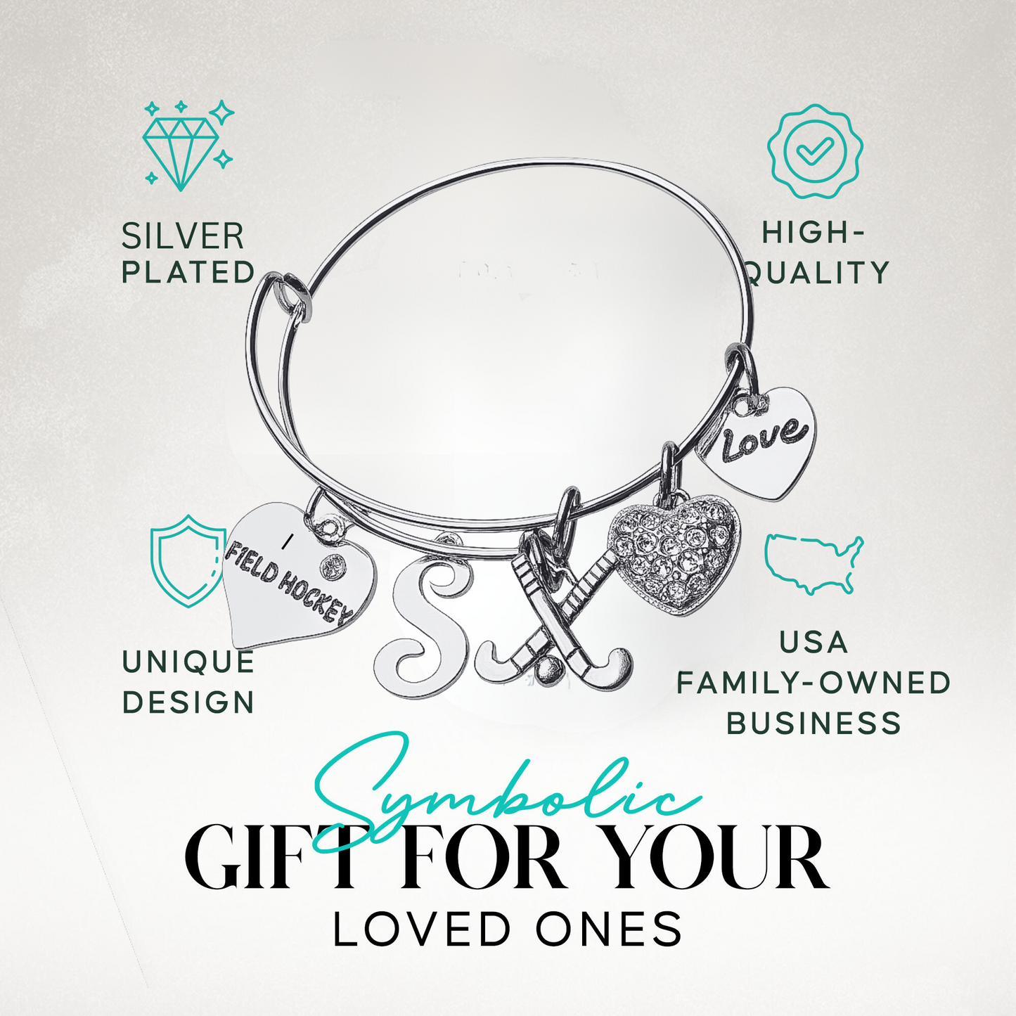 Personalized field hockey bangle bracelet with letter charm and text highlighting perfect gift idea