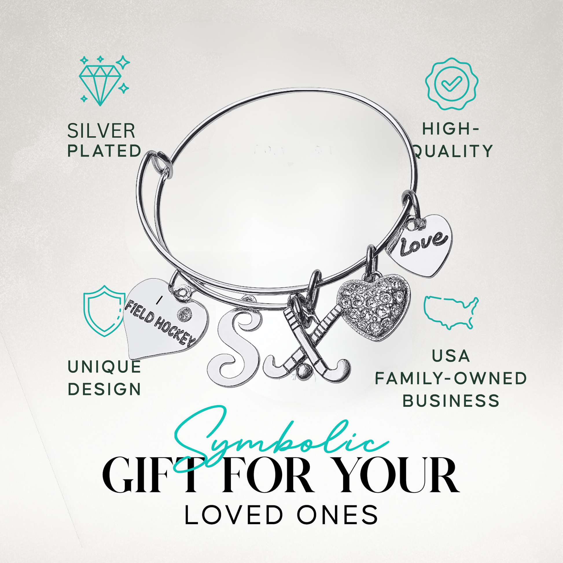 Personalized field hockey bangle bracelet with letter charm and text highlighting perfect gift idea