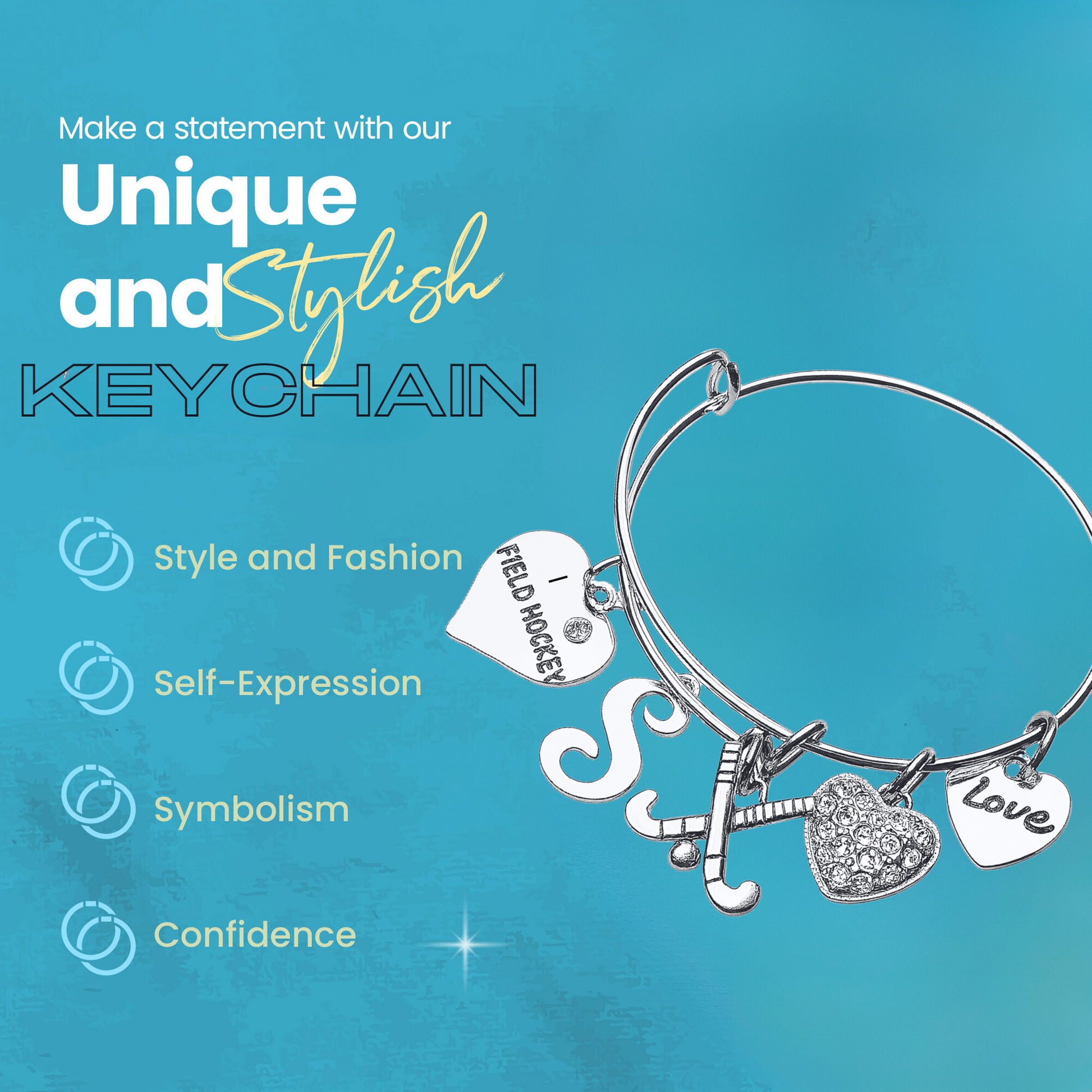 Field hockey bangle bracelet with icons for stylish, adjustable, and customizable design