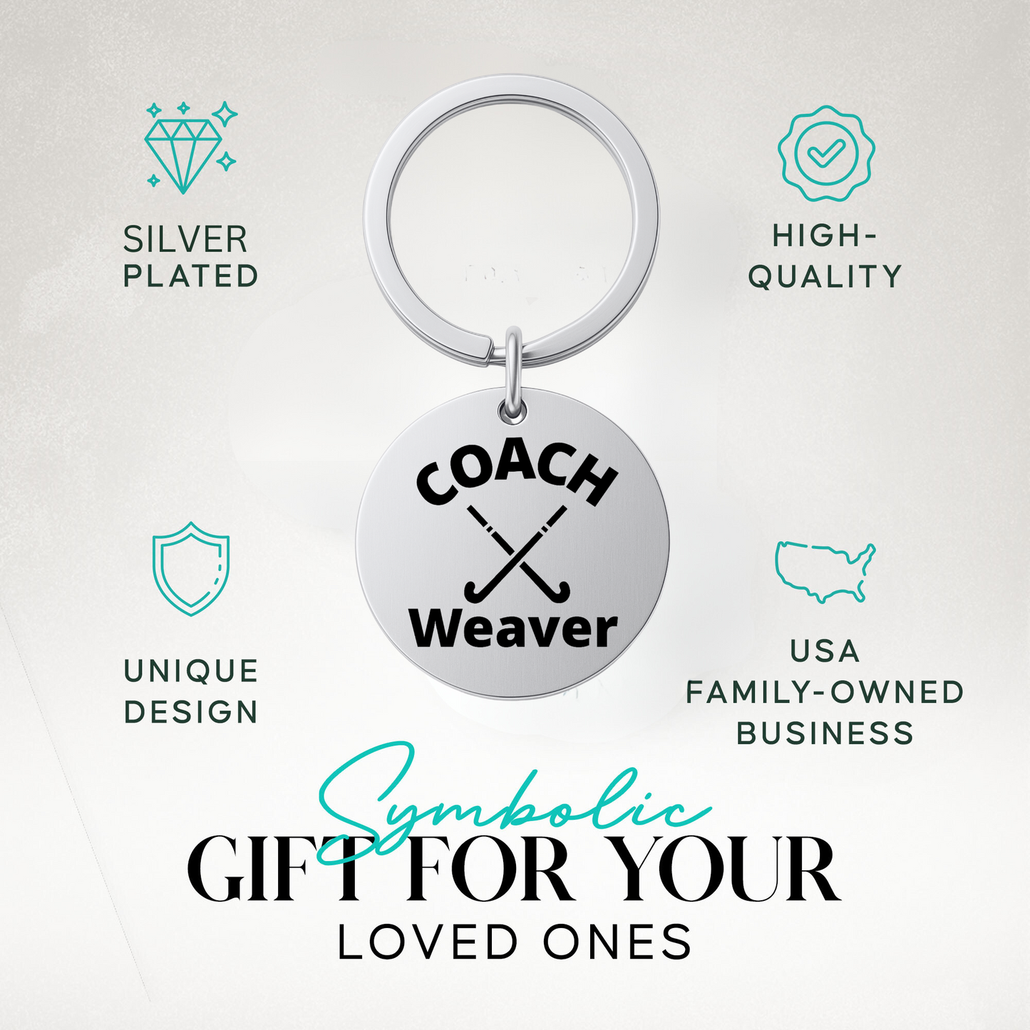 Custom coach keychain with engraved field hockey design in gift-ready packaging