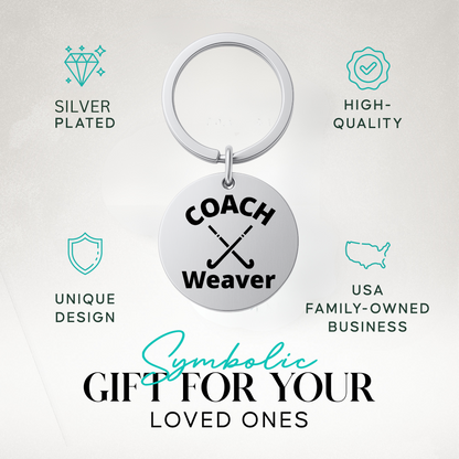 Custom coach keychain with engraved field hockey design in gift-ready packaging