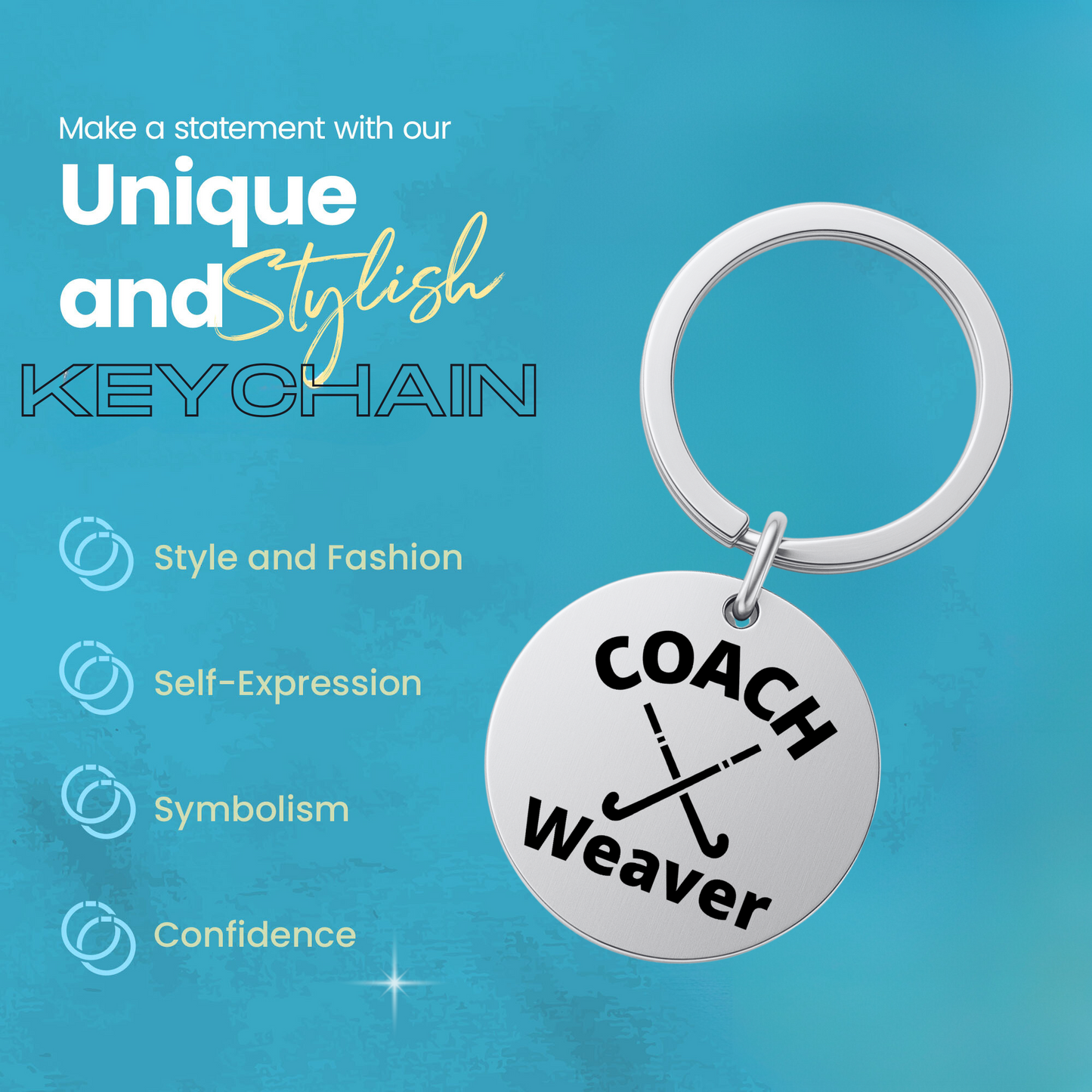 Engraved stainless steel coach keychain shown on turquoise background with product features
