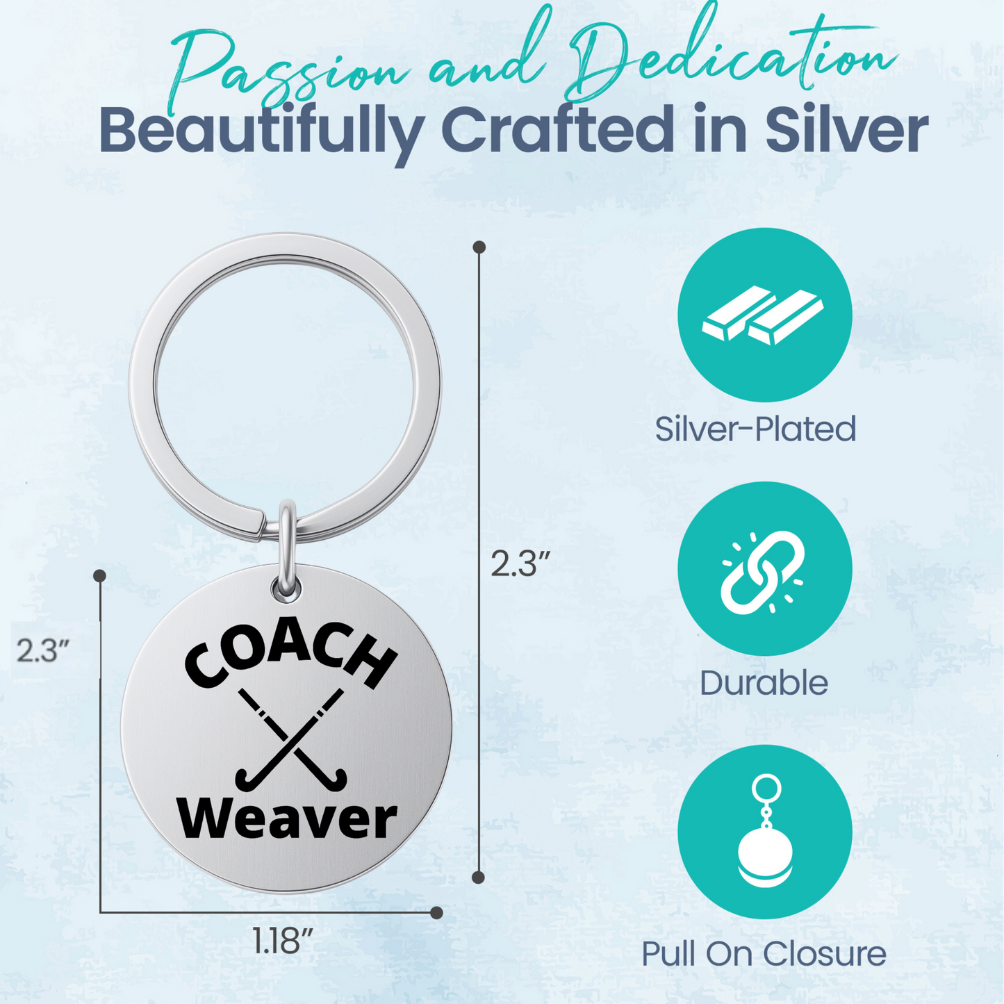 Personalized name Weaver field hockey keychain displayed on silver gift card packaging