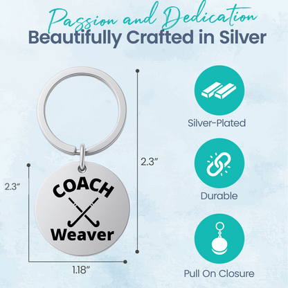 Personalized name Weaver field hockey keychain displayed on silver gift card packaging