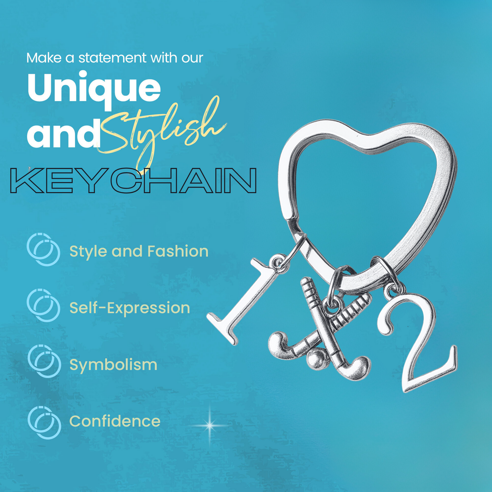 Field hockey heart keychain with icons for stylish, durable, and personalized sports accessory