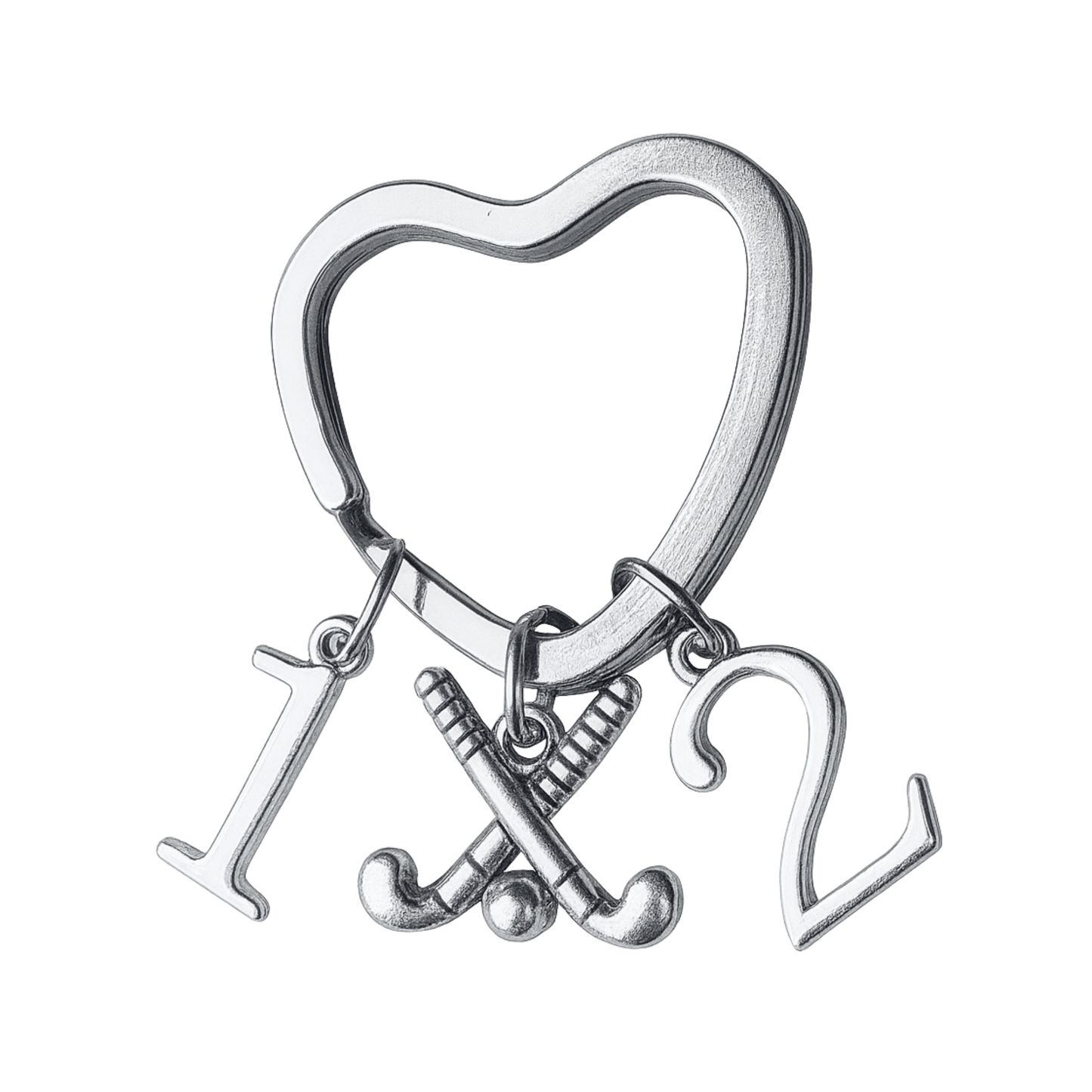 Silver plated heart-shaped field hockey keychain with crossed sticks charm and number charms