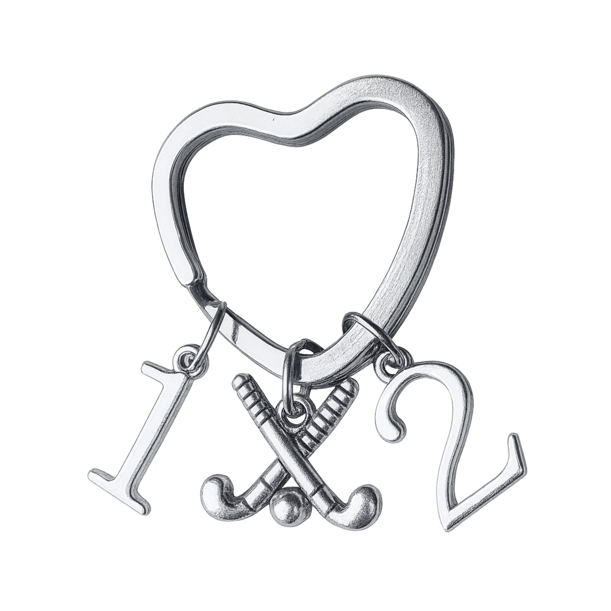 Silver plated heart-shaped field hockey keychain with crossed sticks charm and number charms