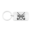 Engraved stainless steel field hockey keychain with name and number on white background