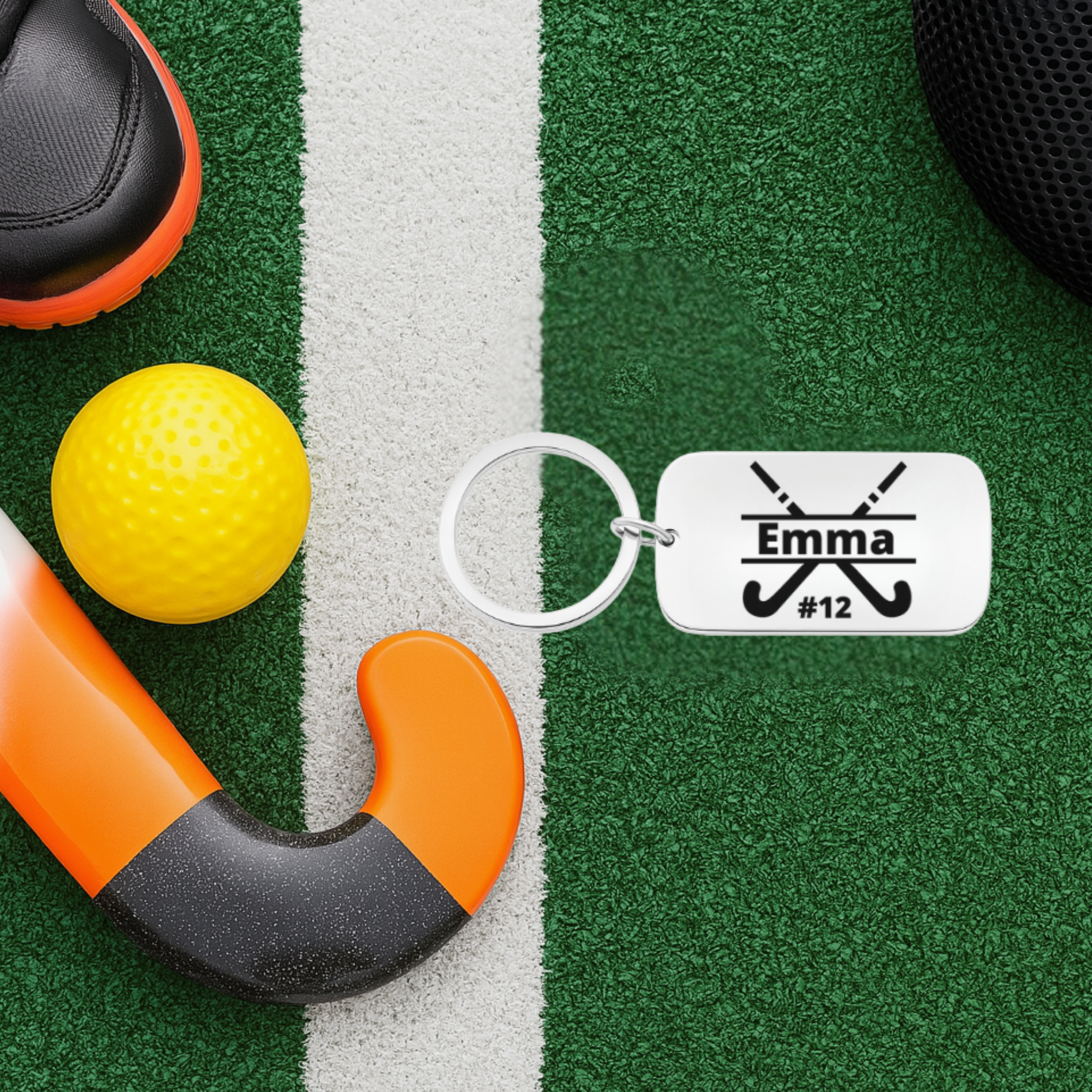 Personalized field hockey stick keychain with name 