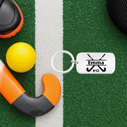Personalized field hockey stick keychain with name 