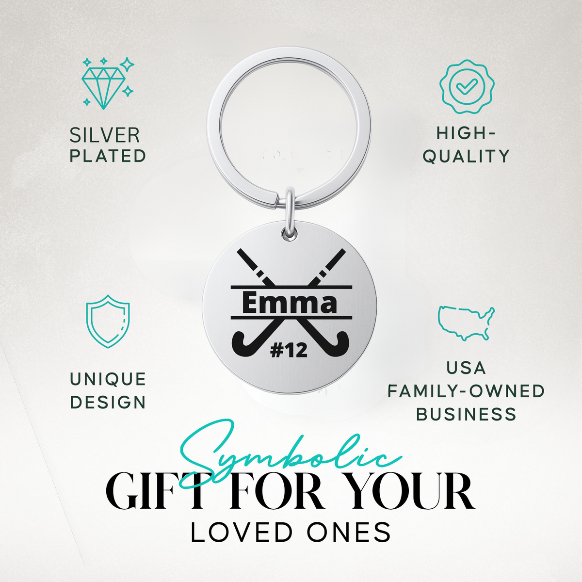 Personalized field hockey stick keychain in Sportybella gift packaging