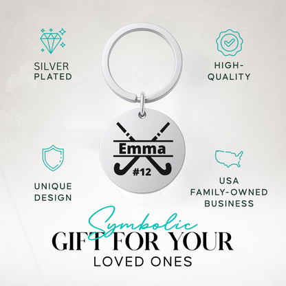 Personalized field hockey stick keychain in Sportybella gift packaging