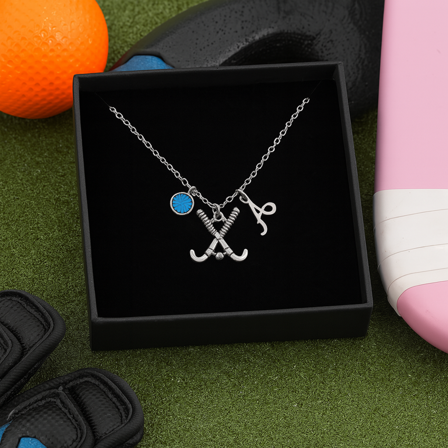 Personalized Field Hockey Stick Necklace with Letter & Birthstone Charm