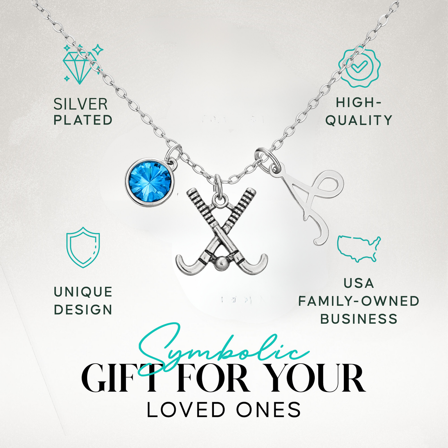Personalized Field Hockey Stick Necklace with Letter & Birthstone Charm