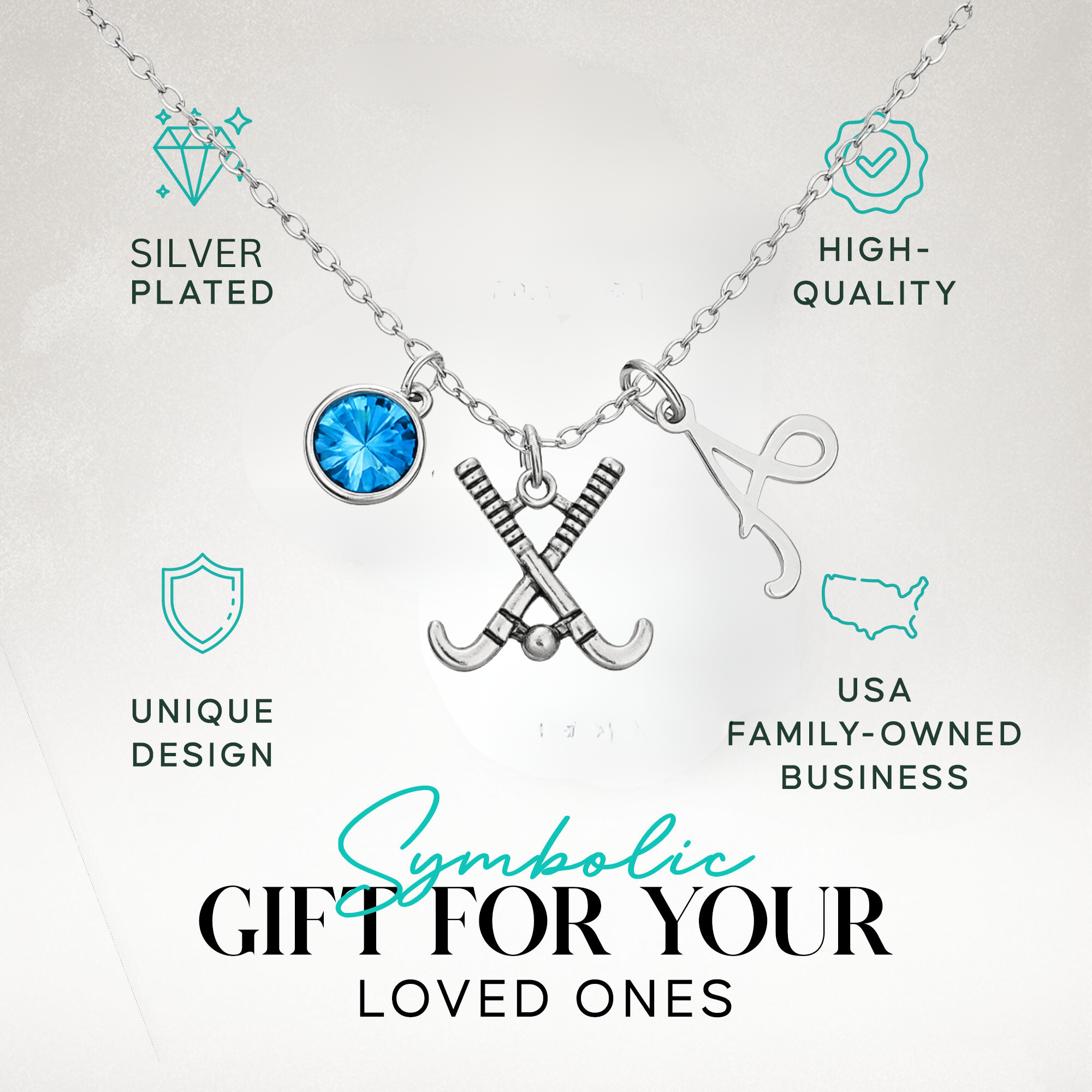 Personalized Field Hockey Stick Necklace with Letter & Birthstone Charm