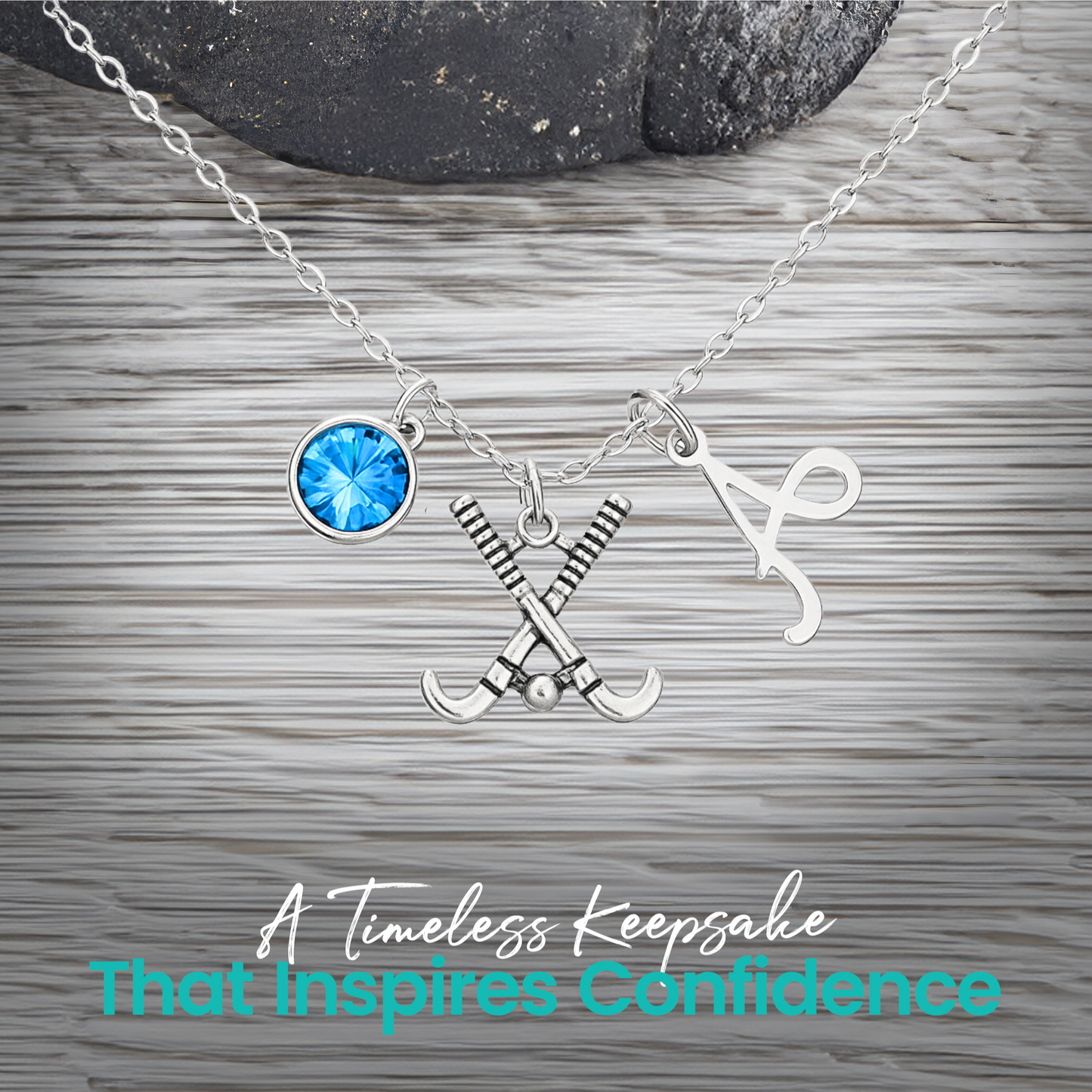 Personalized Field Hockey Stick Necklace with Letter & Birthstone Charm
