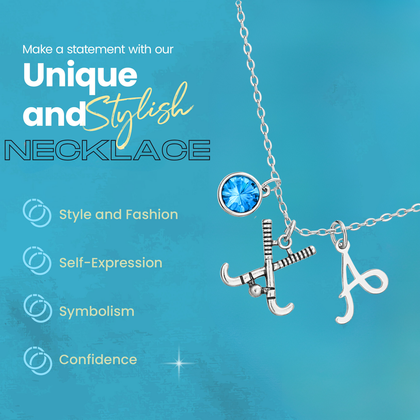 Personalized Field Hockey Stick Necklace with Letter & Birthstone Charm