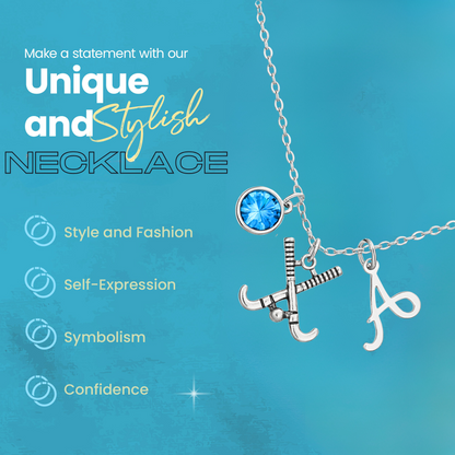 Personalized Field Hockey Stick Necklace with Letter & Birthstone Charm