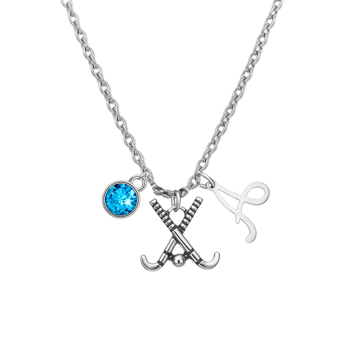 Personalized Field Hockey Stick Necklace with Letter & Birthstone Charm