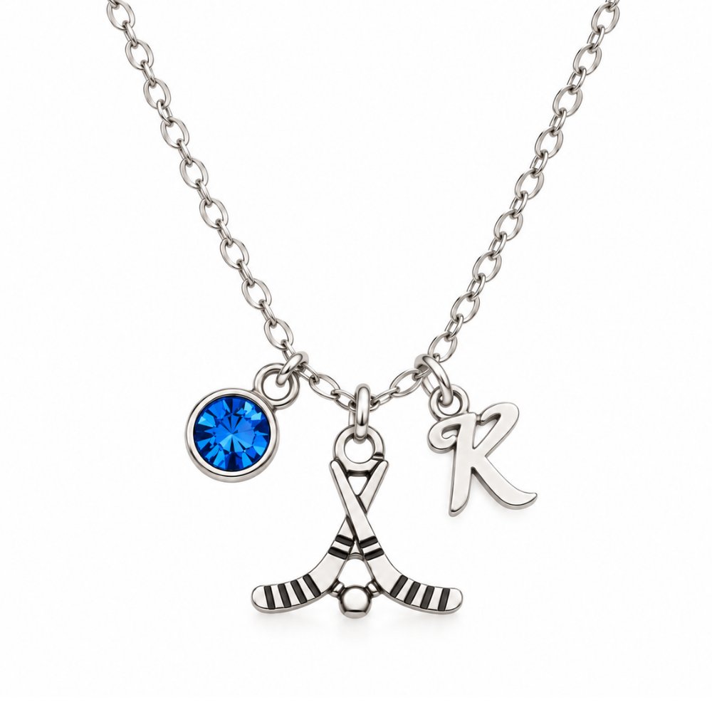 Personalized Field Hockey Stick Necklace with Letter & Birthstone Charm